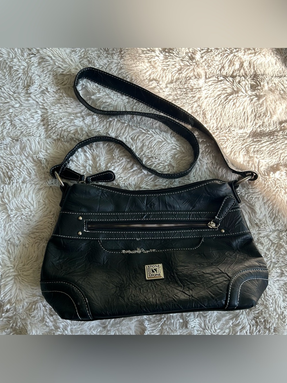 Stone & Co. Black Faux Leather Shoulder Bag with Front Zip